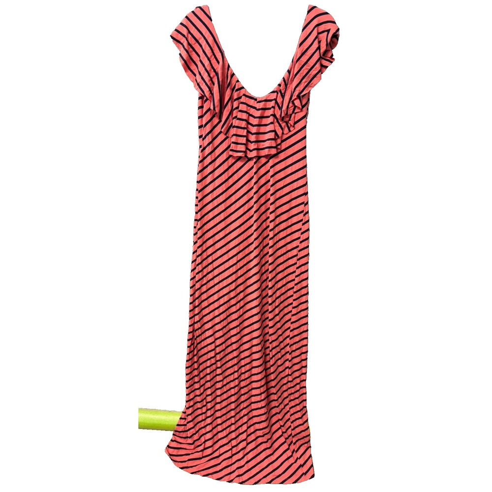 Arden B Womens XL Coral Navy Striped Deep V Ruffle Maxi Dress 46478849